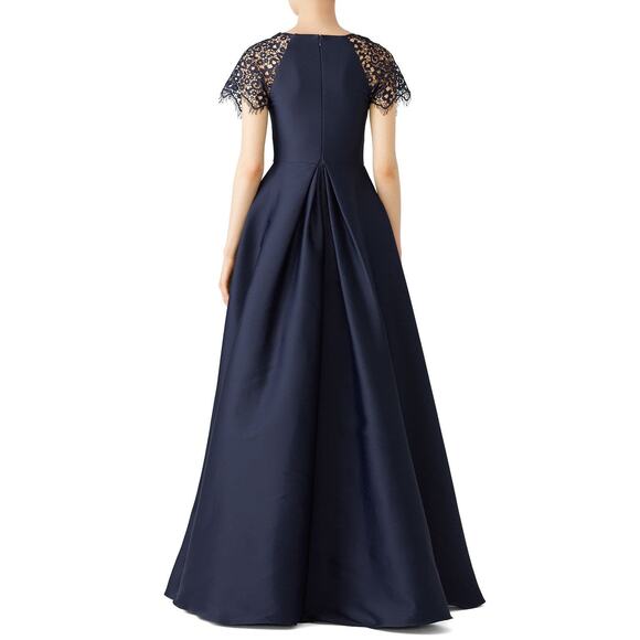 Monique Lhuillier Navy Blue Lace Satin Short Sleeve A-Line V-Neck Ball Gown 4 - Picture 2 of 13